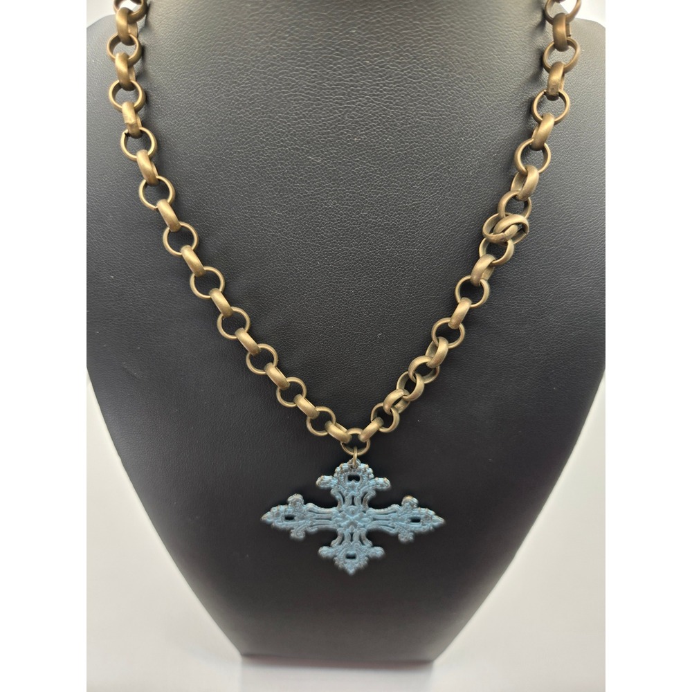 Vintage Style Verdigris Filigree Cross Necklace Antique Brass Chunky Rollo Chain